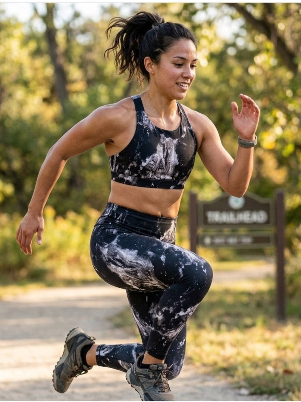 Old Navy PowerPress Strappy Sports Bra XL Black Gray Marble Print Active